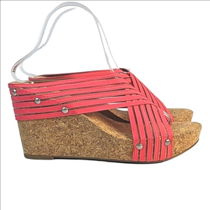 NEW Lucky Brand Miller 2 Bright Coral Cross Strap Cork Wedge Slip-on Sandal